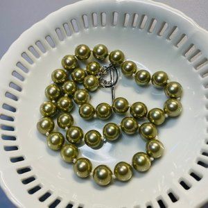 Olive Green Pearl Bead Round Necklace (8mm, 16")